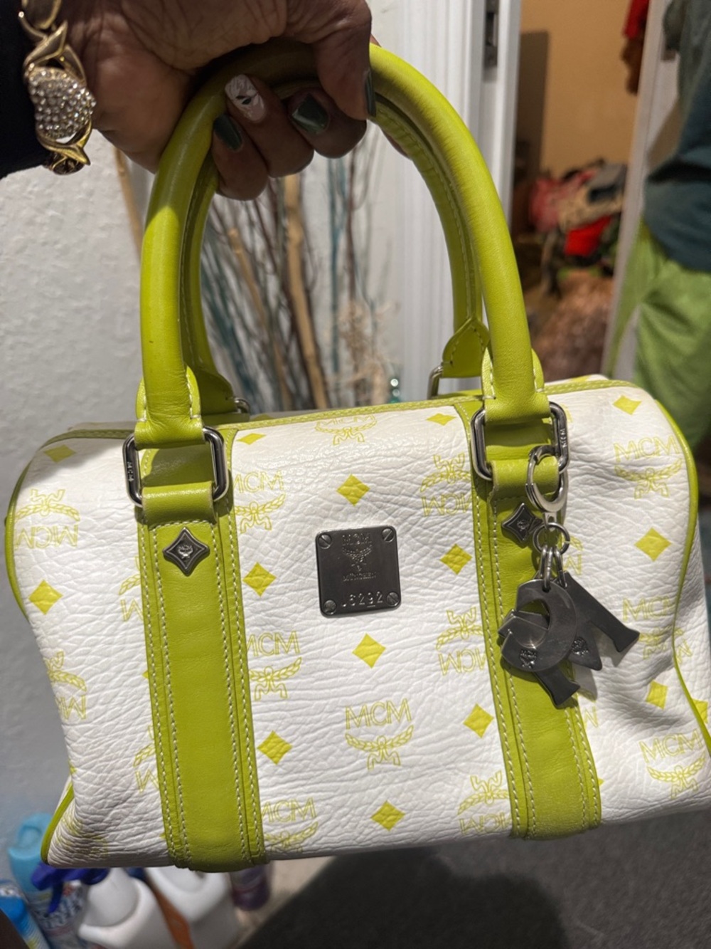 MCM White Satchel with Yellow & Navy Leather Trim Authentic pieces sold separate - Picture 6 of 13
